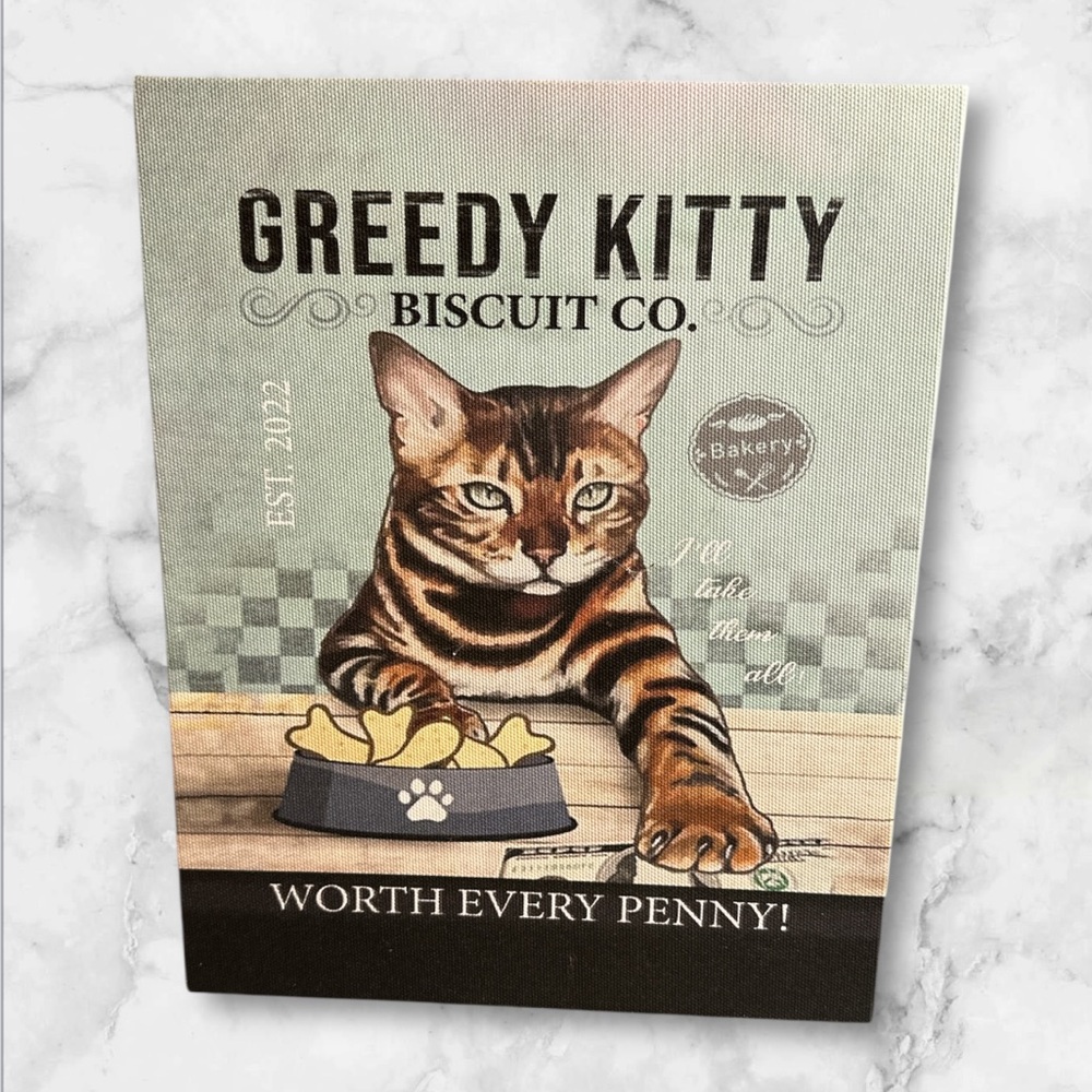 Greedy Kitty Biscuit Co canvas wall hanging 8X10
